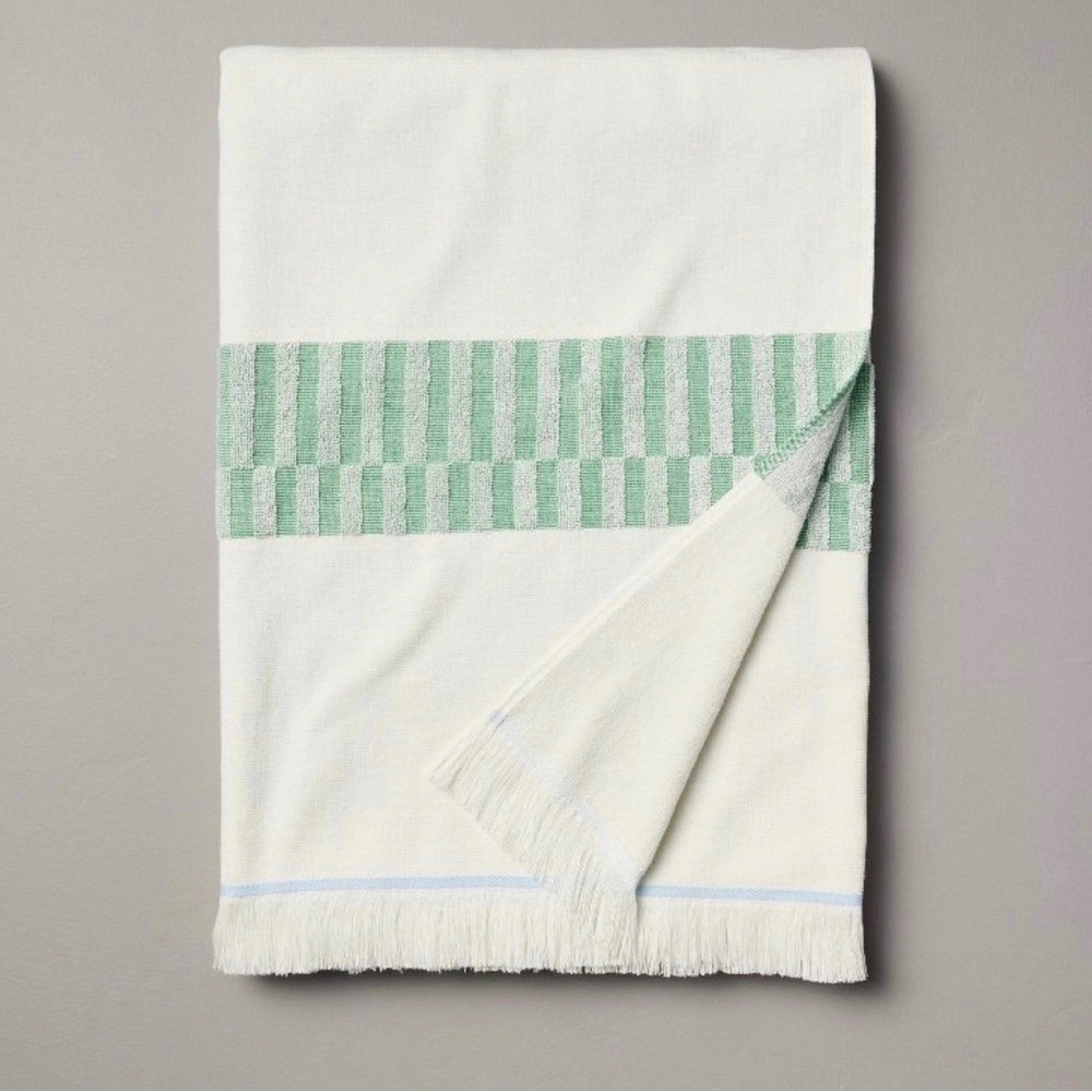 Hearth & Hand XL Check Print Beach Towel Cream/Green Jumbo